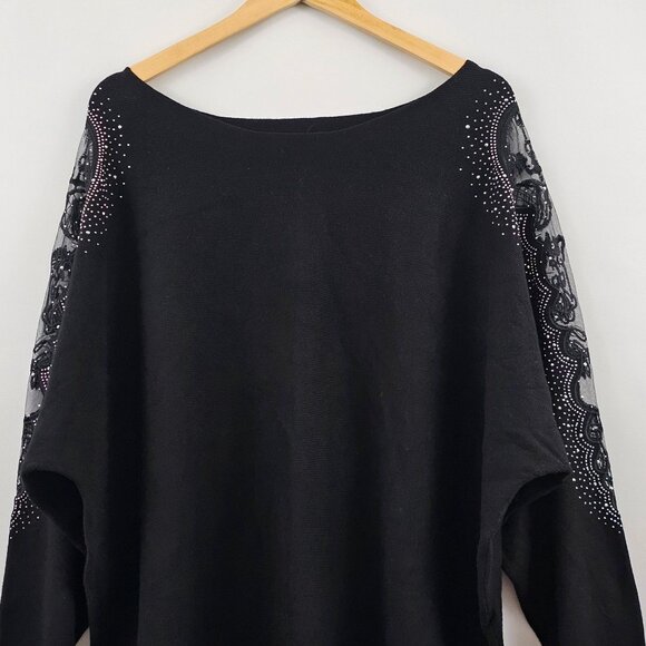 Tahari Black Sweater Rhinestone Sheer Lace Embellished Sleeves Womens 3X Holiday - Picture 9 of 9